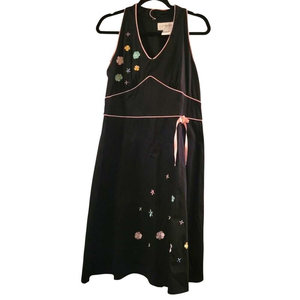 Vtg Y2K Womens Floral Dress Black Embroidered Pink Trim Rosette Whimsigoth